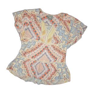 Maeve Anthropologie Small Boho Patchwork Blouse Mixed Print Rayon Top Festival